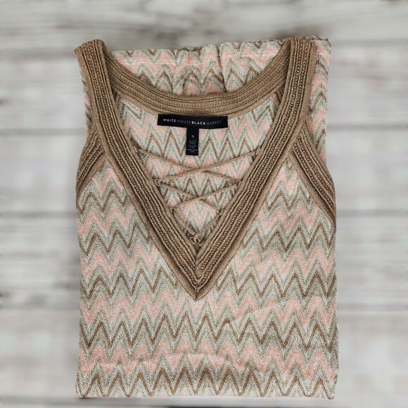 White House Black Market Women' Zig Zag Lace Up Metallic Tank Top Size Small - Picture 2 of 8